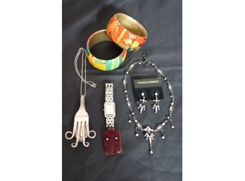 Women's Jewelry Lot Includes Matching Necklace & Earrings, Silver Fork Necklace, And Floral Cuff Bracelets