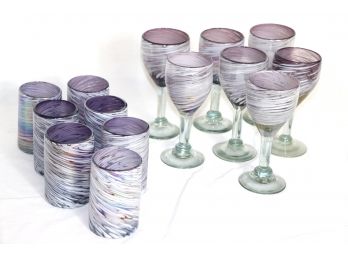 Beautiful Set Of Quality Blown Glass Purple Swirl Wine Glasses And Drinking Glasses