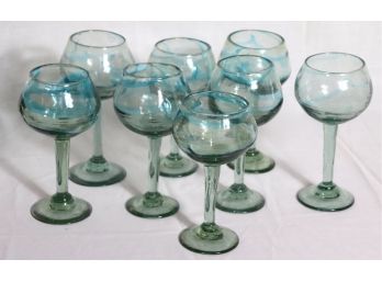 Lot Of 8 Thick Mixed Size Hand Blown Wine Glasses With Blueish Green Tint