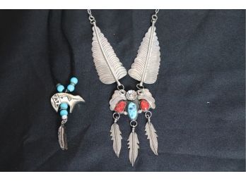 Sterling Leaf Tribal Necklace With Pendants And Stones & Satin Cord Necklace With Pendant