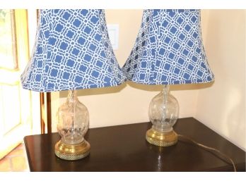 Set Of Floral Etched Glass Lamps With Brass Finish Base And Decorative Blue Shades
