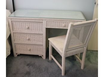 Vintage White Wicker Bedroom Set Includes Dresser With Mirror, Desk, Chair, & Nightstand