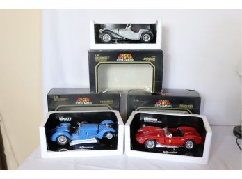 Set Of 3 Die-cast Metal Model Cars 1/18  Scale Ferrari, Bugatti, & Jaguar By Burago