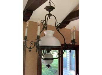 Vintage  And Electrified Gas Light Style Chandelier With Milk Glass Inserts