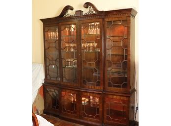 Large Vintage BreakFront Cabinet With Crown, Glass Shelves, And Lights