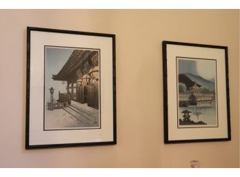Pair Of Japanese  Woodblock Prints In Black Bamboo Style Frames