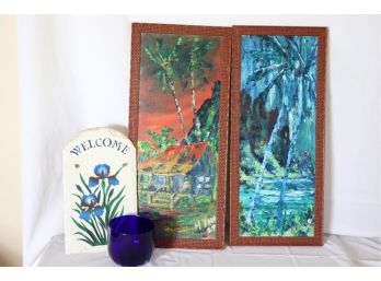Set Of Painted Panels By The Frame Gallery, Blown Glass Bowl & Welcome Sign