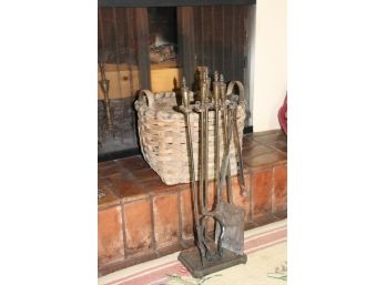 Fireplace Tool Set With Vintage Woven Basket