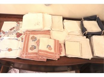 Lot Of Assorted Table Linens Includes Hand Embroider Napkins, Lace Doilies, Condition Varies