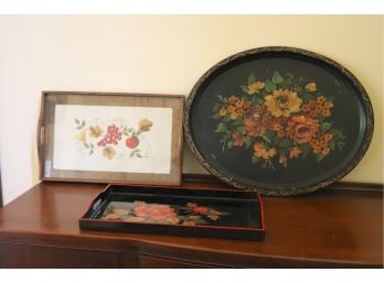 Lot Of 3 Decorative Wood Trays Includes Black Lacquer Tray And Needlepoint Tray