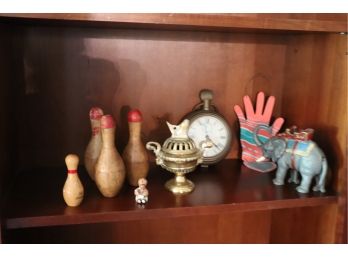 Lot Of Assorted Decorative Items Includes Elephant Bank, Pins, And Brass Fish Oil Lamp