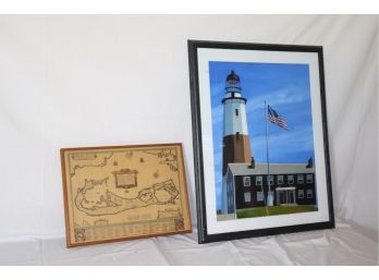 Montauk Lighthouse Painting And Vintage Map