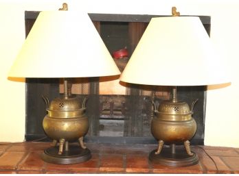 Pair Of Rubbed Brass Finish Lamps With Large Shade