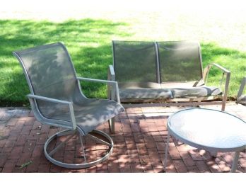 Set Of Woodard Outdoor Furniture Includes 2 Swivel Chairs, Bench, And Table