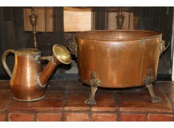 Large Copper Bucket With Brass Feet And Hand Hammered Copper Watering Can + Copper Chafing Dish (See Inside)