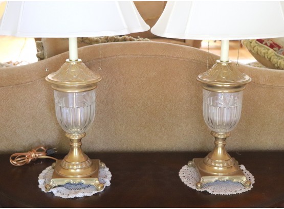 Pair Of Vintage Brass And Crystal Lamps With Two Lights