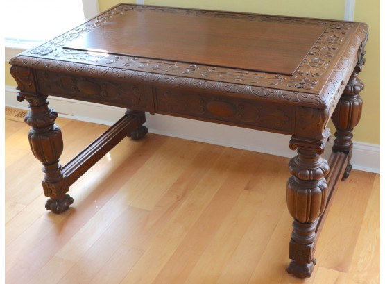 Large Antique Renaissance Style Hand Carved Wood Desk With Amazing Detail