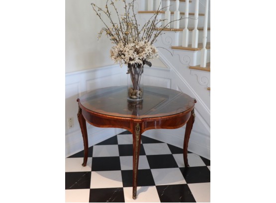 Beautiful 42' Floral Inlay Round Table With Custom Brass Detailed Inlay And Protective Glass Top