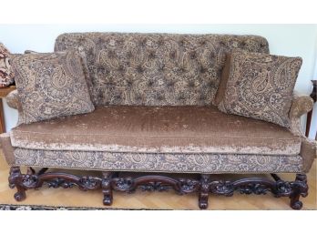 Early American Antique Carved Wood Sofa With Custom Fabric And Hand Carved Eagle Feet