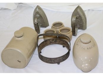 Vintage Ceramic Crockery Hot Water Bottles With Irons And Maritime Bowl Stand