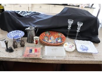 Lot Of Assorted Decorative Items Including Plates, Salt & Pepper,  Candlesticks And More