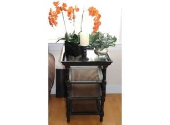 Thomasville Black Wood And Cane Side Table With Faux Plants And Candlesticks