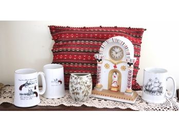 Chalkware Watch Holder, Wood & Sons Mugs With Hand Woven Pillow