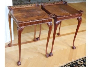 Pair Of Vintage Crotch Mahogany End Tables With Claw Feet And Detailed Apron And Trim