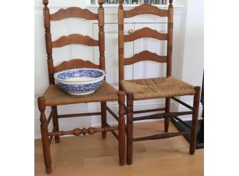 Set Of Antique Pegged Wood Chairs With Rush Seats And Blue Transferware Bowl