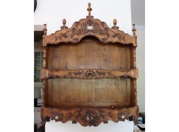Large Antique Carved Wall Shelf With Detailed Carvings And Finials