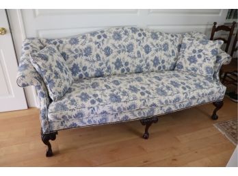 Antique Camelback Sofa With Blue Floral Custom Fabric And Carved Claw Feet