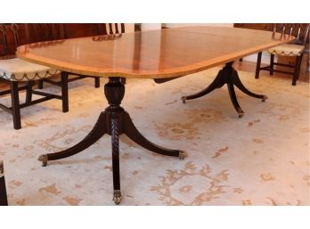 Large Banded Dual Carved Pedestal Dining Room Table By Bakers With Brass Claw Feet