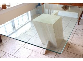 Large Abstract Beveled Glass Table Travertine Marble Style Base