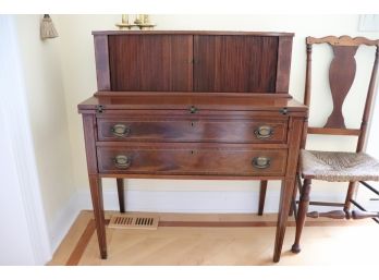 Vintage Mahogany Finish Wood Secretary Desk With Inlay And Tambour Sliding Doors & Pegged Wood Chair
