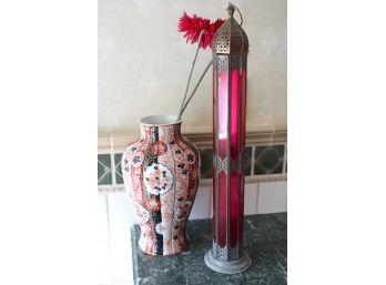 Pink Moroccan Tea Light Lantern With Vintage Imari Vase