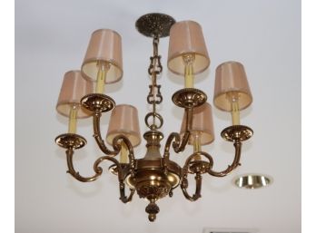 6 Arm Brass Chandelier 1940's Style With Silk Shades