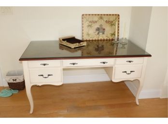 White Ethan Allen Desk With Parquet Top And Protective Glass With Decorative Items