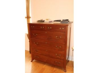 Large Vintage Cherry Wood Inlaid Dresser With Brass Handles