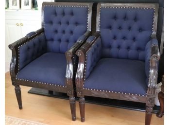 Pair Of Antique Custom Upholstered Captain's Chairs With Fluted Carvings And Ottoman