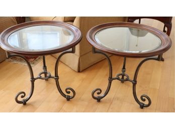 Pair Of Ethan Allen 30' Round Beveled Glass Tables With Curved Metal Base
