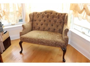 Custom Tufted  Back Loveseat With Gold Print Fabric And Studding