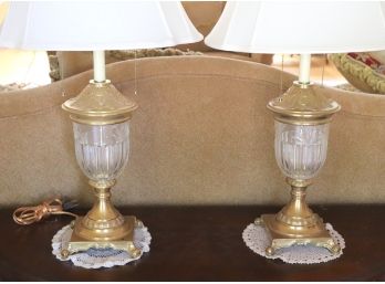 Pair Of Vintage Brass And Crystal Lamps With Two Lights