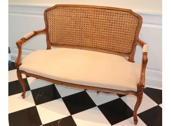 Elegant Double Caned Bench With Custom Fabric And Stud Trim