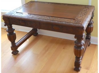 Large Antique Renaissance Style Hand Carved Wood Desk With Amazing Detail