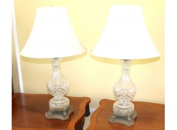 Pair Of Beautiful Etched Crystal Lamps On Brass Base With Fish Accent