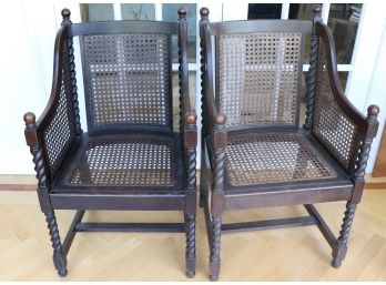 Pair Of Carved Single Cane Dark Oak Chairs