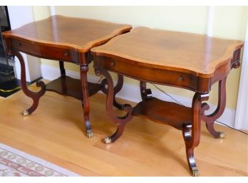 Pair Of Vintage Mahogany Brass Inlay Side Tables With Brass Claw Feet Circa 1930's