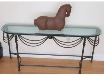 Large Glass And Iron Console Table With Twisted Rope Detail & Austin Products Resin Horse