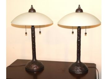 Pair Of Heavy Hand Hammered Lamps With Frosted Shades