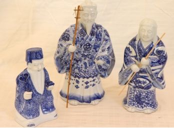 Porcelain Asian Chinese Figures With Small Bamboo Staff